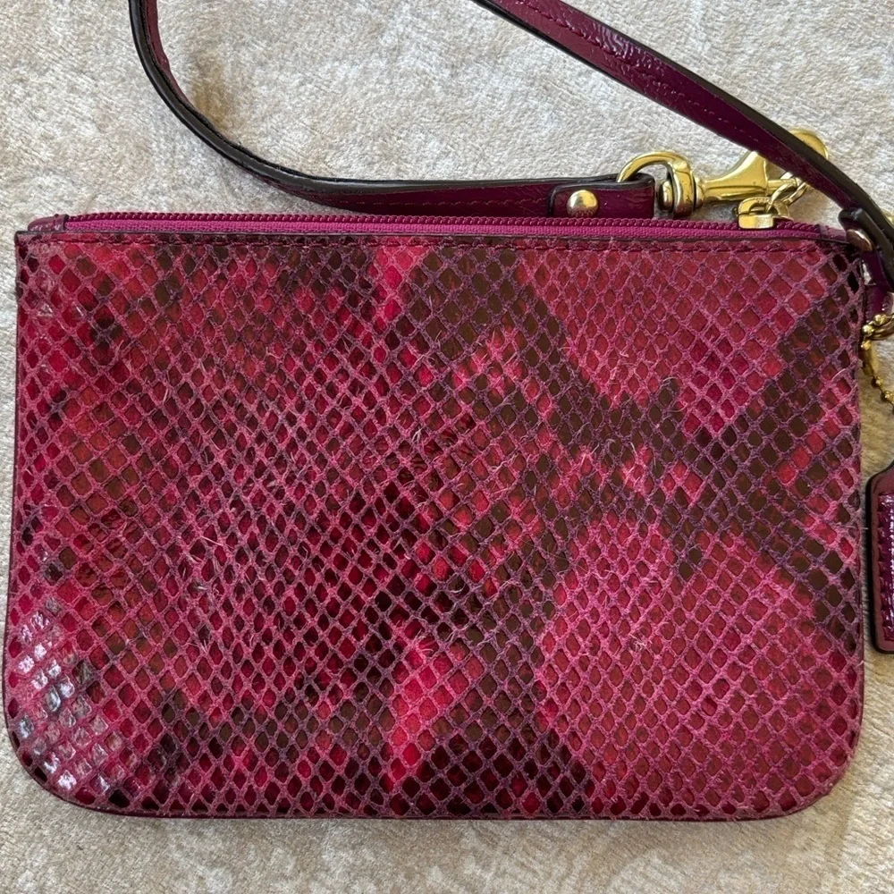 COACH Leather Zippered Wristlet Snakeskin Raspberry Pink Embossed Python Exotic